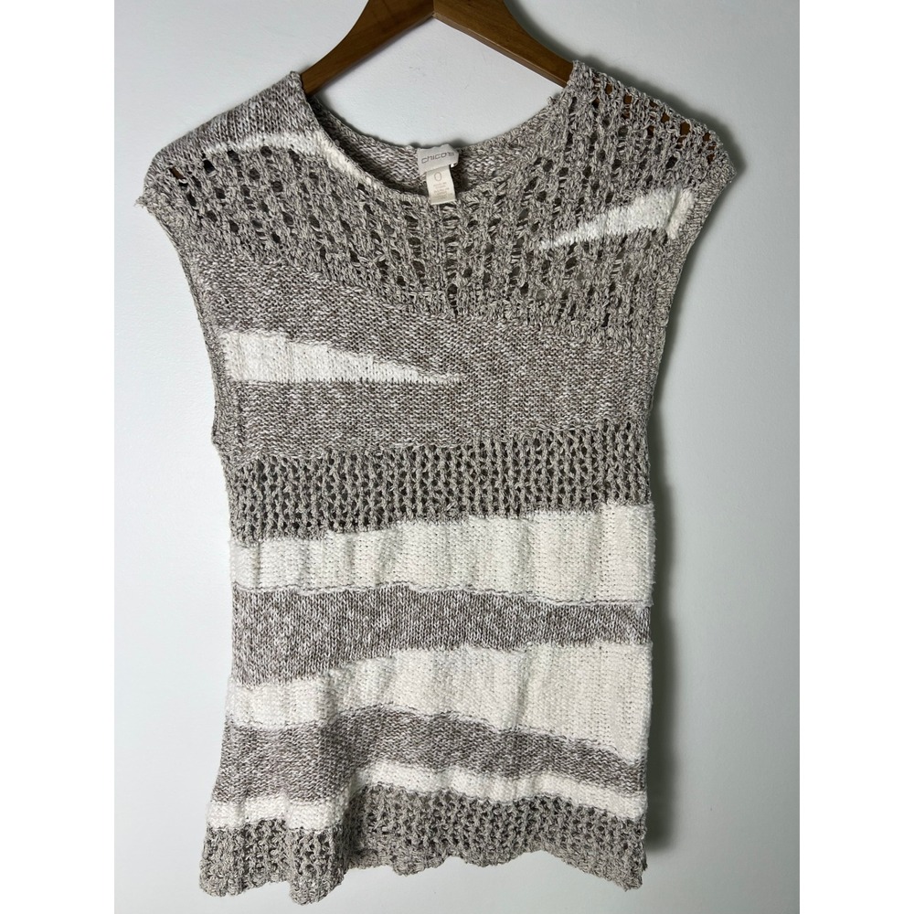 Chico's 0/SM Knit Sweater Vest Tan White Cotton Linen Open Knit Boho Lagen